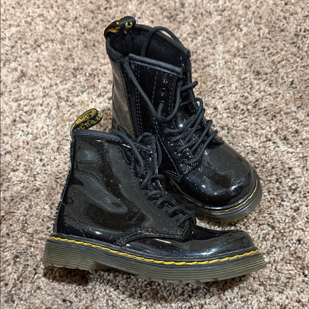 Dr. Martens Black Glitter Lace-Up Kids Boots with Yellow Stitching